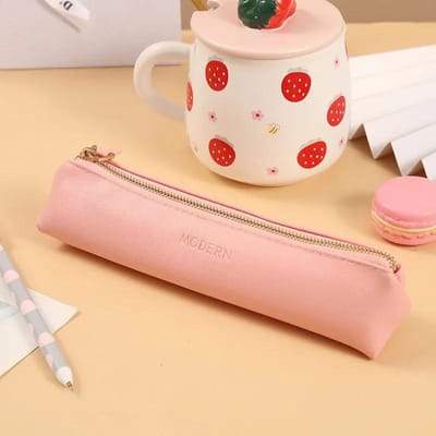 Sac à crayons en cuir PU simple couleur unie trousse de rangement papeterie sac à crayons d'école rose