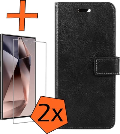 Hoes - Met 2x Screenprotector - Geschikt voor Samsung Galaxy S24 Ultra - Luxe Pasjeshouder - Bookcase Portemonee - Flip Case - Kunstleer Book Case - Flipcase Hoes - Book Cover - Walletcase - PortemonneeHoes - Zwart