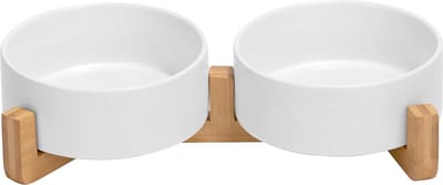 longziming -Dubbele Keramische Huisdierkom met Houten Houder – 2 x 400ml, Antislip, Voedselveilig en Duurzaam, Ideaal voor Katten en Kleine Honden