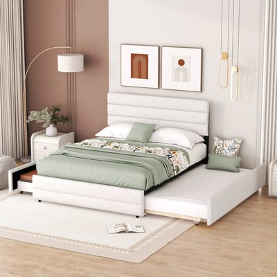 OKWISH Platformbed 140x200cm - Met Uittrekbed Met Uittrekmechanisme - Met 2 Opberglades - Tweepersoons Slaapkamer - Linnen Bekleding - Beige - Zonder matras