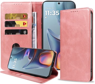 Geschikt voor Motorola Moto E15 / G05 Telefoonhoesje Kunstleer met Magnetische sluiting en Pasjeshouder Bookcase met Klepje - Walletcase with Cardslot - Rosé Goud - Smartphonica geschikt voor Motorola Moto E15;Motorola Moto G05