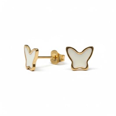 Aramat Jewels | Oorbellen | Goudkleurige Vlinder Oorbellen RVS en Emaille | Wit | |7mm | Staal | Kinderen, Volwassenen | Verkleurd niet