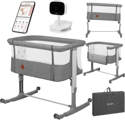 Lionelo Aurora Set 3in1 Co-sleeper & Draadloze elektronische babyfoon - Babybedje tot 9 kg - Meegroeibed - 4 wielen met rem - Campingbedje – Verstelbare Hoogte – Ademend Gaas – Inclusief Matras & Transporttas – Afneembare Bekleding