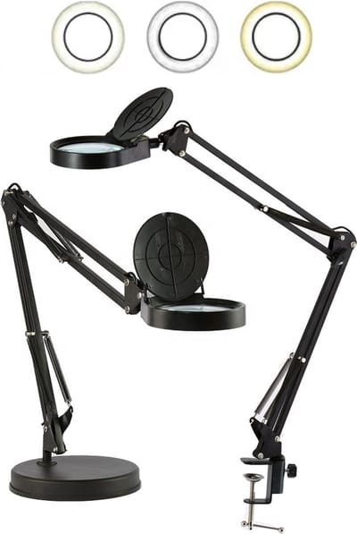 Loeplamp met LED verlichting - 2in1 XXL-editie - Professioneel - met Tafelklem - met Verlichting - met Standaard - Vergrootglas met Verlichting - voor Kinderen, Volwassenen & Senioren - Zwart
