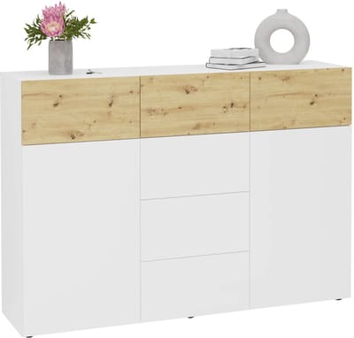 Dressoir Zeger Wit - Artisan Eiken - Breedte 163 cm - Hoogte 115 cm - Diepte 42 cm - N - Met openslaande deuren