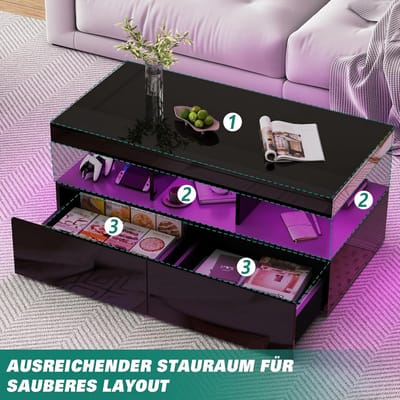 Moderne Zwarte Hoogglans Salontafel met LED Verlichting en Opbergruimte (104x53x46 cm)