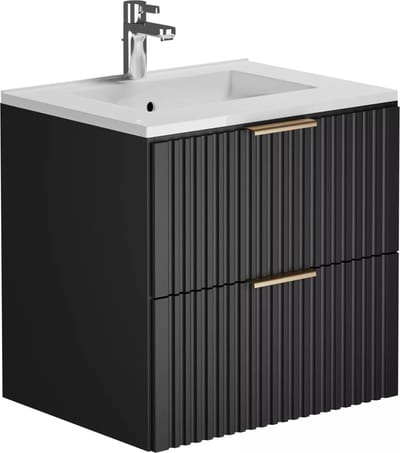 Vente-unique Geribbeld hangmeubel voor badkamer met inbouwwastafel - Zwart - 60 cm - ZEVARA