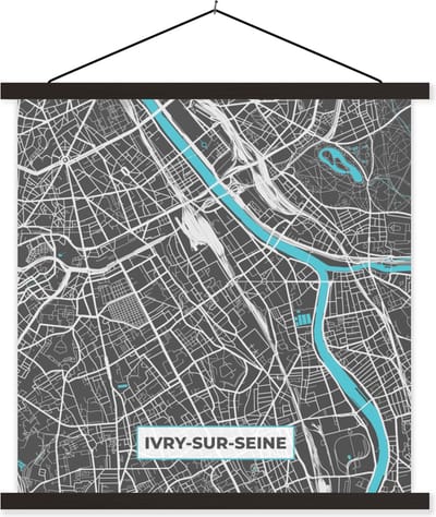 Posterhanger incl. Poster 60x60 cm - Schoolplaat - Ivry-sur-Seine - Frankrijk - Kaart - Stadskaart - Plattegrond - Textielposter - Zwarte latten - Stadskaart