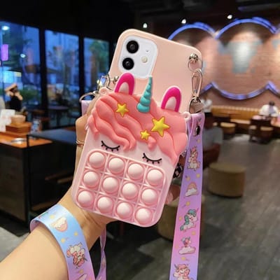 3D Cartoon Rits Portemonnee Telefoonhoesje Voor iPhone 8 7 6 6s 5 Plus X XR XS Max SE Lanyard Strap Ketting Eenhoorn Bubbel Cover iPhone SE 2020(SE2)&Case & Strap