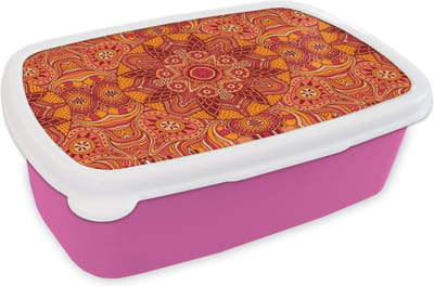Broodtrommel Roze - Lunchbox - Brooddoos - Mandala - Patroon - Vintage - Oranje - Rood - 18x12x6 cm - Kinderen - Meisje