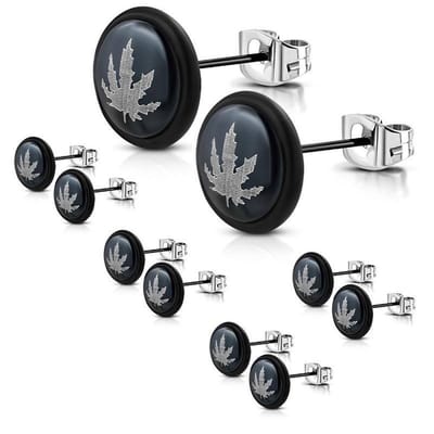 Aramat Jewels | Oorbellen | Exclusieve Stalen Oorbellen met Wietblad | Zwart-rubber-8mm | |9mm | Staal | Kinderen, Volwassenen | Verkleurd niet