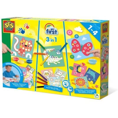 SES Creative - My First - 3 in 1 mega set - Vingerverven, kleuren en vormen plakken - met 3 kleuren vingerverf, 7 dikke potloden, vingerlijm, plakfiguren en knutselkaarten - makkelijk uitwasbaar