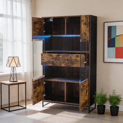 Komhtom - Vitrinekast met LED-verlichting - 80×40×138 cm - Staande vitrinekast met 2 lades en acrylpaneel - Highboard en wijnkast in zwart met houtnerf