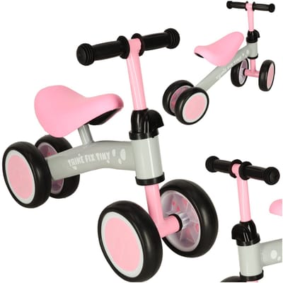 Playos® - Loopfiets met 4 wielen - Roze / Grijs - vanaf 1 jaar - tot 30 kilo - Balansfiets - Driewieler