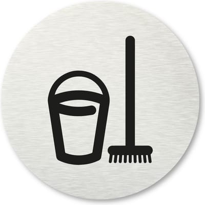 Pictogram Schoonmaak kast - aluminum rvs look - deurbordje - 8,5 x 8,5 cm - zelfklevend - rond