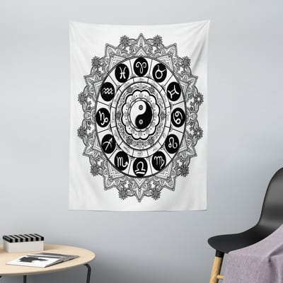 ABAKUHAUS Yin Yang Wandtapijt, Rond Ontwerp met Dierenriemthema en Astrologisch Teken in het midden, 110 x 150 cm, Zwart-wit