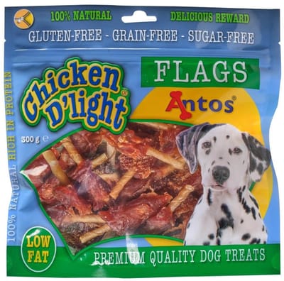 Antos Honden Snacks - Chicken D'Light Flags 300 Gr - Natuurlijke Kip en Runderhuid, Glutenvrij, Geschikt voor Pups en Senioren
