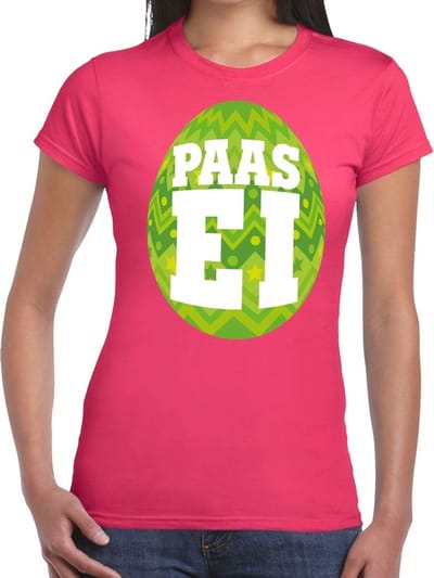 Roze Paas t-shirt met groen paasei - Pasen shirt voor dames - Pasen kleding S
