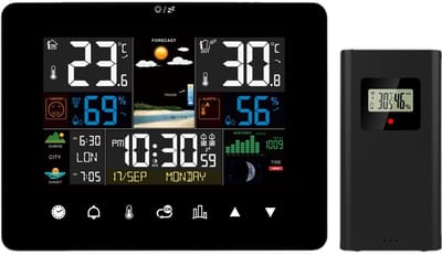 hygrometer - thermometer binnen - Geschikt voor binnen- en buitengebruik - 7,8-inch kleurentouchscreen - Weergave van luchtdruk en weersvoorspelling - Datum- en alarmfunctie - Zwart