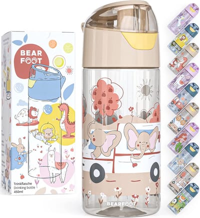 Drinkfles voor kinderen, 450 ml, lichte Tritan waterfles, BPA-vrij, lekvrij, geschikt voor koolzuur, vaatwasmachinebestendig voor jongens, meisjes en peuters, beige
