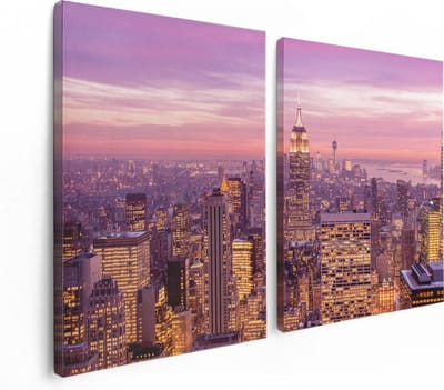 Artaza Canvas Schilderij Tweeluik New York Skyline Met Lichten Bij Zonsondergang - 120x80 - Foto Op Canvas - Canvas Print