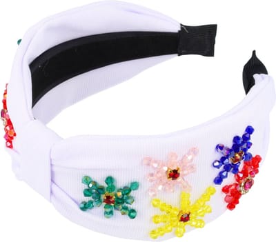 Haarsoires Haarband Diadeem 7cm – Statement – Bloem Kralen – Multicolor Wit - Glanzende Haaraccessoire voor Feest of Bruiloft