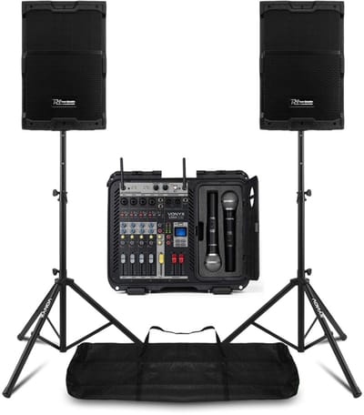 Power Dynamics Volledig PA systeem met 10 inch speakers, mixer, draadloze microfoons en statieven