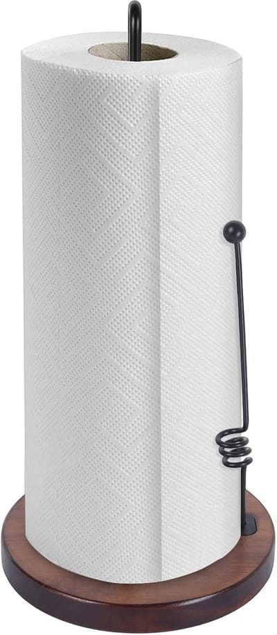 SnelShoppen - Keukenrolhouder Staand met Anti-Roll Arm, Papieren Rolhouder voor Keuken Blad, Houten Basis met Zware Constructie, Boerderij Stijl, Idea