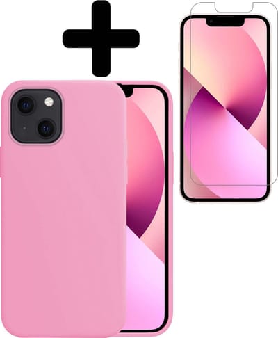 Hoesje - Met Screenprotector - Geschikt voor Apple iPhone 13 Mini - Sterk & Shockproof - Back Cover - Siliconen Case - Telefoon Hoes - Telefoonhoesjes - Lichtroze