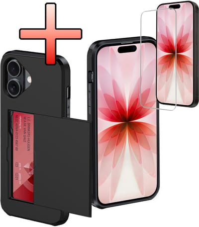 Hoes Geschikt voor iPhone 17 Hoesje Pasjeshouder Hard Cover Met Screenprotector Shock Proof Hard Case Hoes Met Kaarthouder - Zwart
