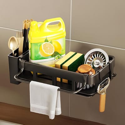 Allecto Plus - Ruimtebesparende organizer voor gootsteen | Zelfklevende en hangende keukenorganizer | Opbergen van afwasmiddel, servies en theedoek | Geen boren nodig