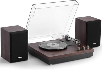 Platenspeler, draaitafel met 3 snelheden en twee externe luidsprekers van 15 W, Bluetooth-ingang, AUX-ingang, USB-weergave en LP-MP3-opname, vintage vinylspeler, donkerbruin hout