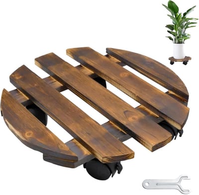 Ronde Houten Plantenstandaard met Wielen (30 cm) voor Binnen en Buiten