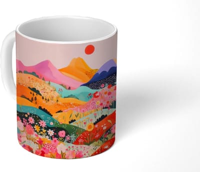 Mok - Koffiemok - Kleurrijke bloemen - Bergen - Fantasielandschap - Mokken - 350 ML - Beker - Koffiemokken - Theemok