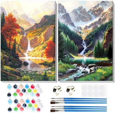 Dailygoods - Lxmsja 2 stuks landschapsverf op nummer voor volwassenen, beginners met frame, landschapsschilderen op nummer voor volwassenen op canvas, doe-het-zelf acrylschilderset kunst en ambachten, geschenken