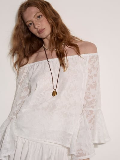 Bardot-top van jacquardchiffon