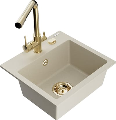 Mexen Milo granieten spoelbak met één bak en keukenkraan Duero, beige - 6505-69-671600-50