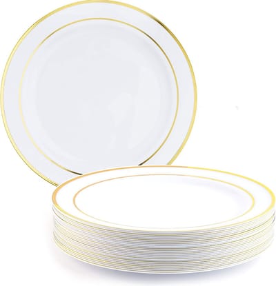 Matana – 25 Plastic Dinerborden, 26cm – Met Gouden Rand – Wit – Vaatwasserbestendig & Herbruikbaar – Voor Bruiloften, Verjaardagen & Kerstmis