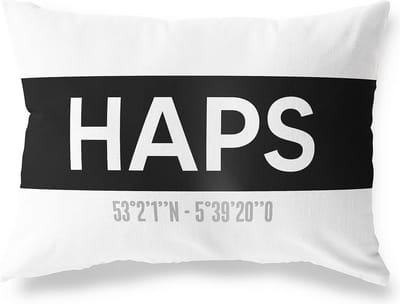 Tuinkussen HAPS - NOORD-BRABANT met coördinaten - Buitenkussen - Bootkussen - Weerbestendig - Jouw Plaats - Studio216 - Modern - Zwart-Wit - 50x30cm