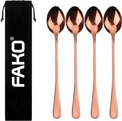 Fako Bijoux® - 4 Lange Lepels - Latte Macchiato - Longdrink - Cocktail - Dessert - IJs - Koffie - Rosé Goud - 4 Stuks - Bewaarzakje