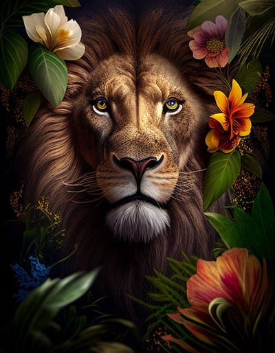 AI - Woondecoratie - Poster - Dieren - Leeuw - Bloemen en jungle - 12 - 50 x 70 cm