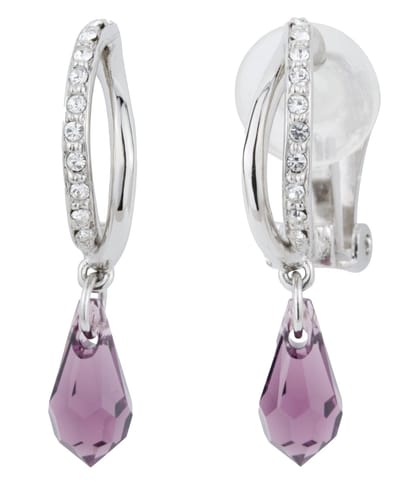 Traveller Clip Oorbellen - Oorhangers Dames - Zilverkleurig - Preciosa Kristal - Paars - Druppel - 157568
