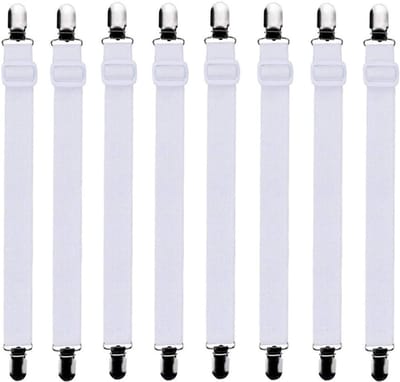 8-delige - Verstelbare - Elastische - Lakenspanner met metalen clips voor bedhoeken, matrashoeken, wit
