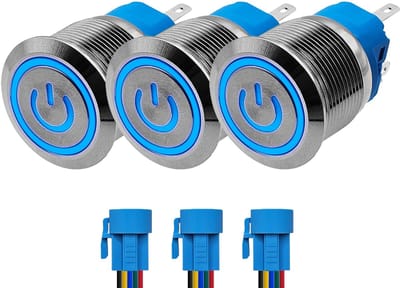 ProRide Drukschakelaar ON-OFF 220V - 22mm Metaal - Waterdicht - LED Blauw - Met Kabels - 3 stuks