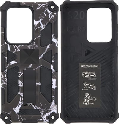 Hoesje Geschikt Voor Samsung Galaxy S20 Ultra Hoesje - Rugged Extreme Backcover Marmer Camouflage met Kickstand - Zwart