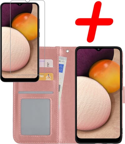 Hoesje Met Screenprotector - Geschikt voor Samsung Galaxy A02s - Luxe Pasjeshouder - Bookcase Portemonee - Flip Case - Kunstleer Book Case - Flipcase - Book Cover - Walletcase - Portemonneehoes - Rosé goud