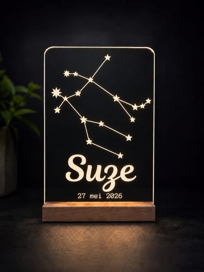 Sterrenbeeld lampje Tweelingen - gepersonaliseerd met NAAM en GEBOORTEDATUM - LED 11cm x 16cm