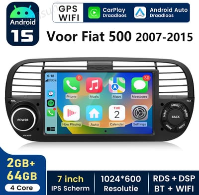 HexinexMarket Quad-Core autoradio Geschikt voor Fiat 500 (2007-2015) - Draadloos CarPlay, Android Auto, multimediaspeler, 2GB+64GB, Black