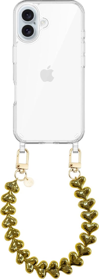 xoxo Wildhearts siliconen hoesje geschikt voor iPhone 16 Plus hoesje - Funky Hearts - Telefoonhoesje - Hoesje met koord - Goud koord - kort telefoonkoord - Hartjes ketting - Transparant hoesje