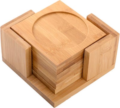 6 Delige Vierkante Onderzetters Set - Bamboe - Incl Onderzetter Houder - Bamboo Hout - 6 Stuks onderzetters met houder
